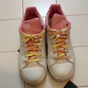 Limited Edition Adidas Women's White Stan Smith Sneakers Pink & Yellow Accents